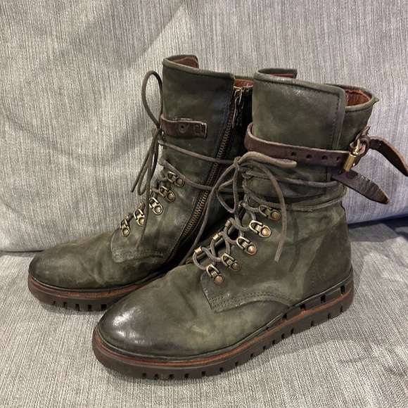 A.S.98 Shoes - A.S.98 Olive Green Leather Lace-Up Ankle Boots with Brown Strap